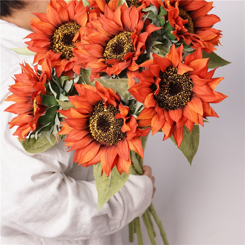 Real-Touch Sunflower Stems, 28" Tall, 6" Flower Heads, Mixed Material, Orange-Red Flame Theme, Perfect for Home Decor, Weddings, Events, and Holiday Arrangements