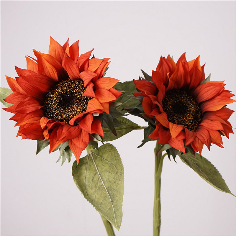Real-Touch Sunflower Stems, 28" Tall, 6" Flower Heads, Mixed Material, Orange-Red Flame Theme, Perfect for Home Decor, Weddings, Events, and Holiday Arrangements