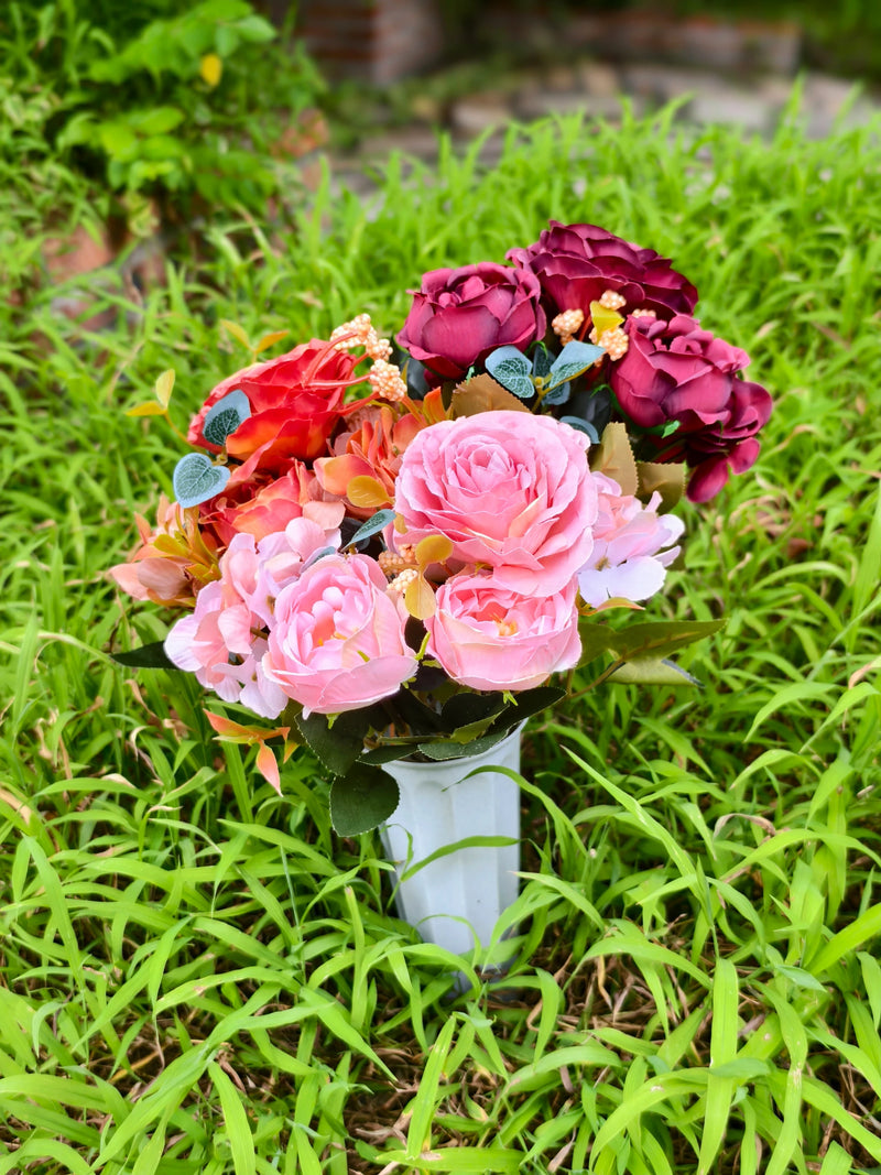 16" Real-Touch Artificial Cemetery Flowers with Ground Stake, Lifelike Silk Blooms for Grave Decor, Home Arrangements, Wedding & Event Displays