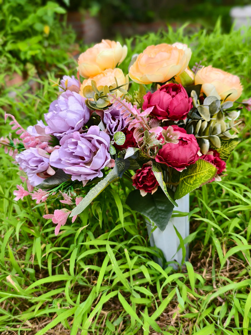 16" Real-Touch Artificial Cemetery Flowers with Ground Stake, Lifelike Silk Blooms for Grave Decor, Home Arrangements, Wedding & Event Displays