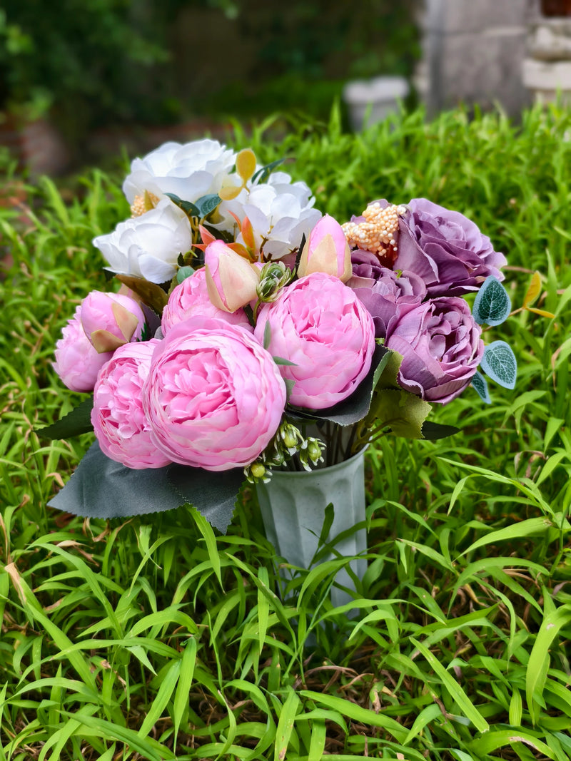 16" Real-Touch Artificial Cemetery Flowers with Ground Stake, Lifelike Silk Blooms for Grave Decor, Home Arrangements, Wedding & Event Displays