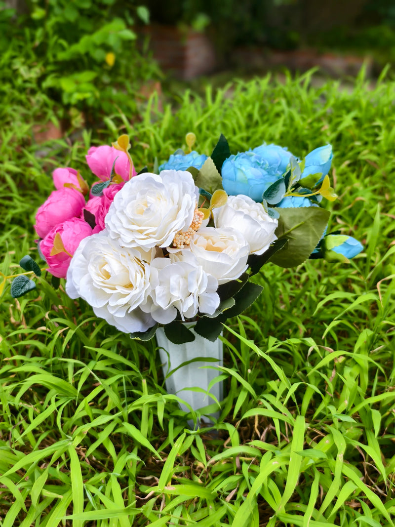 16" Real-Touch Artificial Cemetery Flowers with Ground Stake, Lifelike Silk Blooms for Grave Decor, Home Arrangements, Wedding & Event Displays