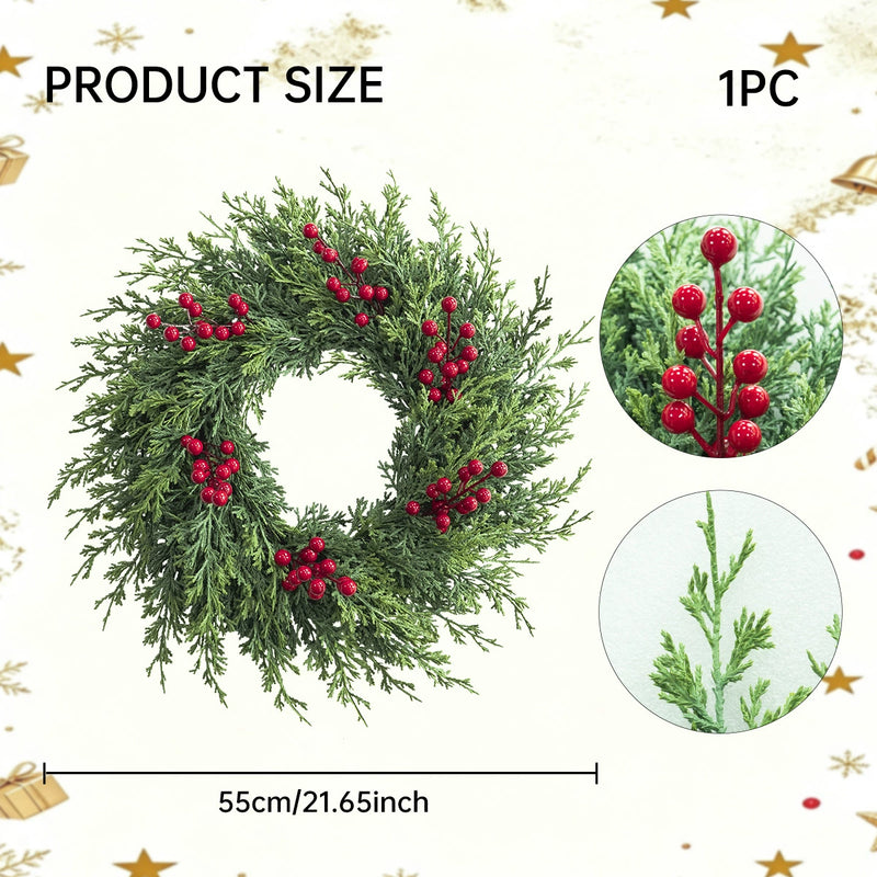 Christmas Wreath with Fir Tips and Berries, 22" Indoor/Outdoor Holiday Decor, Real-Touch Faux Greenery for Home, Events, and Gifting