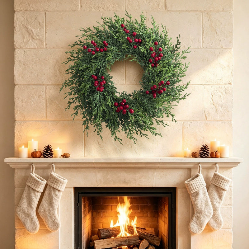 Christmas Wreath with Fir Tips and Berries, 22" Indoor/Outdoor Holiday Decor, Real-Touch Faux Greenery for Home, Events, and Gifting