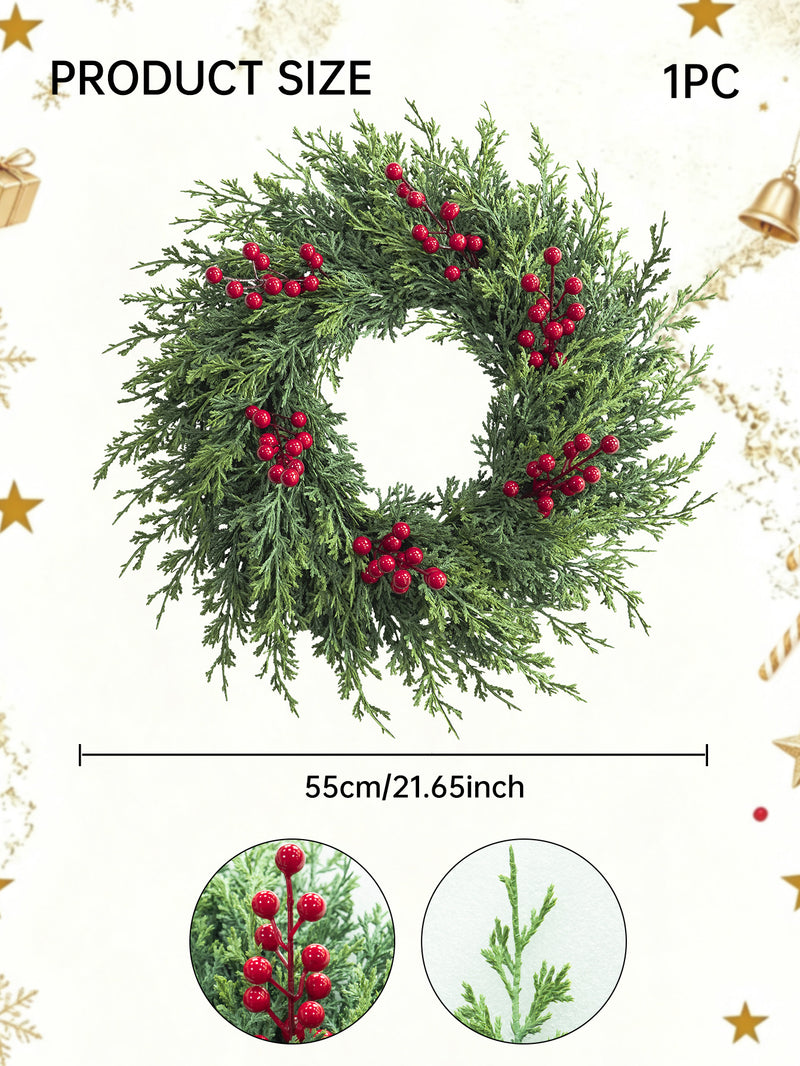 Christmas Wreath with Fir Tips and Berries, 22" Indoor/Outdoor Holiday Decor, Real-Touch Faux Greenery for Home, Events, and Gifting
