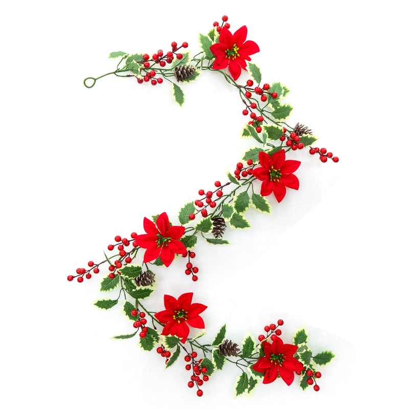 67" Christmas Garland with Poinsettia Leaves, Red Berries, and Vines, Festive Holiday Decor for Home, Weddings, and Events