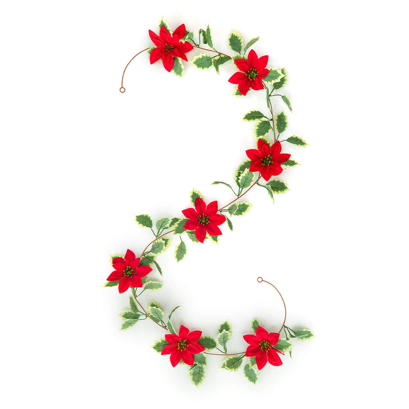 67" Christmas Garland with Poinsettia Leaves, Red Berries, and Vines, Festive Holiday Decor for Home, Weddings, and Events