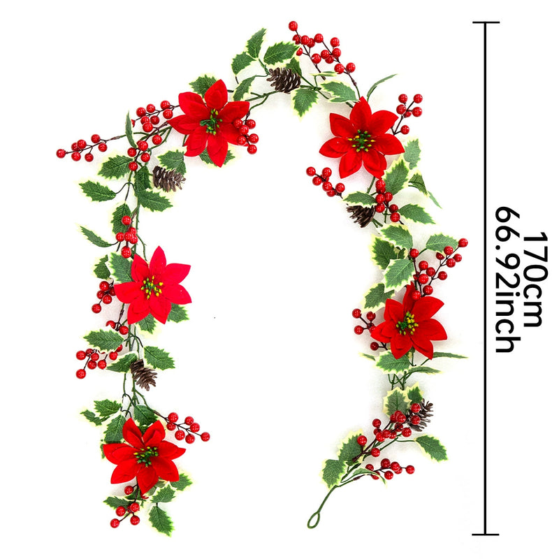 67" Christmas Garland with Poinsettia Leaves, Red Berries, and Vines, Festive Holiday Decor for Home, Weddings, and Events