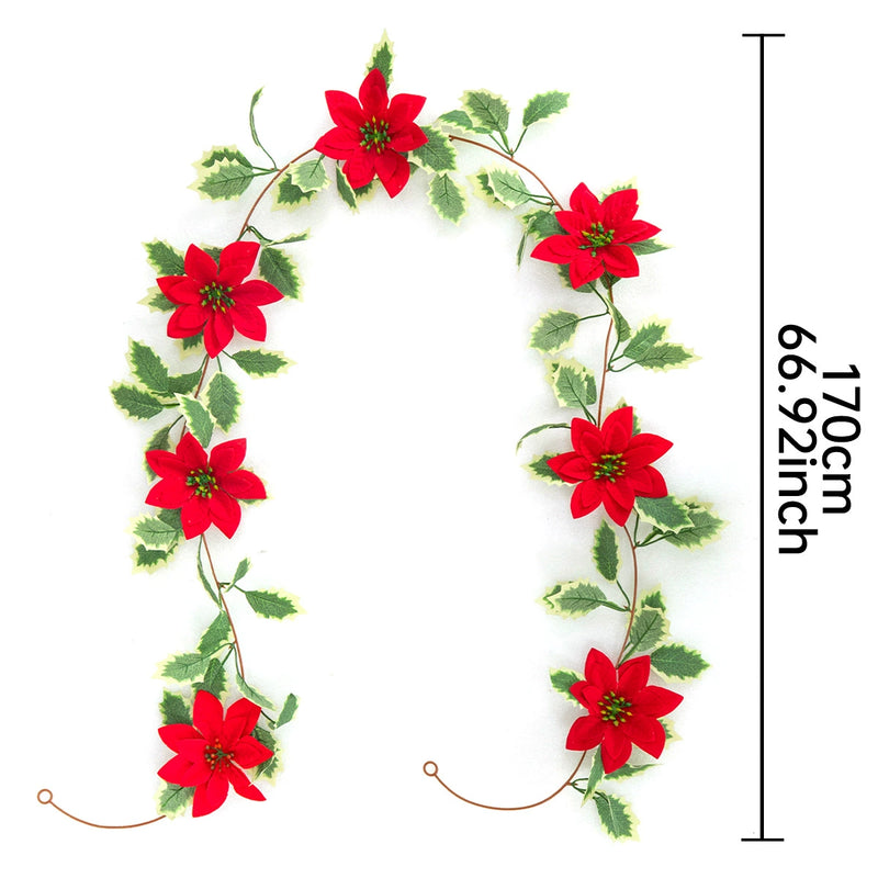 67" Christmas Garland with Poinsettia Leaves, Red Berries, and Vines, Festive Holiday Decor for Home, Weddings, and Events