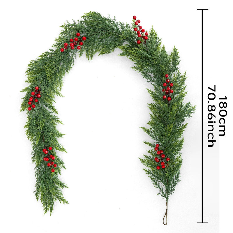 Christmas Garland with Cat Tail Grass and Red Berries, 71" Long, Real-Touch Faux Ivy with Lights, Indoor/Outdoor Holiday Decor, Wedding & Event Decoration