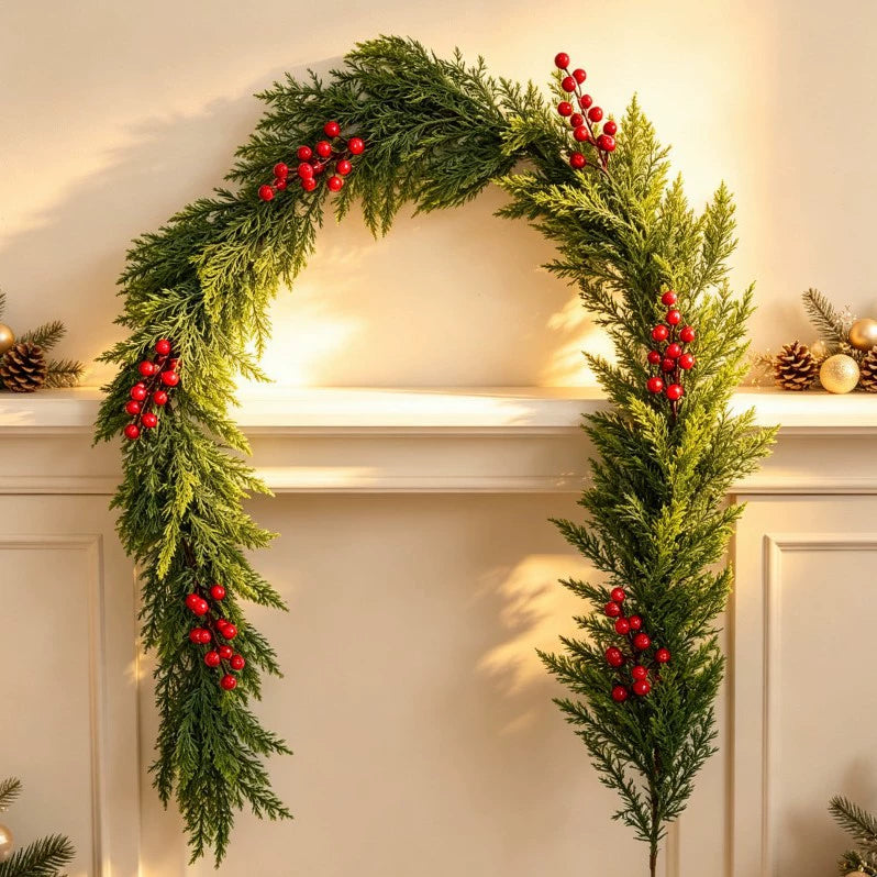 Christmas Garland with Cat Tail Grass and Red Berries, 71" Long, Real-Touch Faux Ivy with Lights, Indoor/Outdoor Holiday Decor, Wedding & Event Decoration