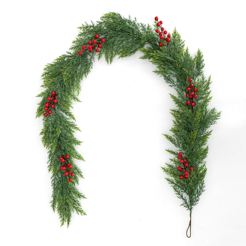 Christmas Garland with Cat Tail Grass and Red Berries, 71" Long, Real-Touch Faux Ivy with Lights, Indoor/Outdoor Holiday Decor, Wedding & Event Decoration
