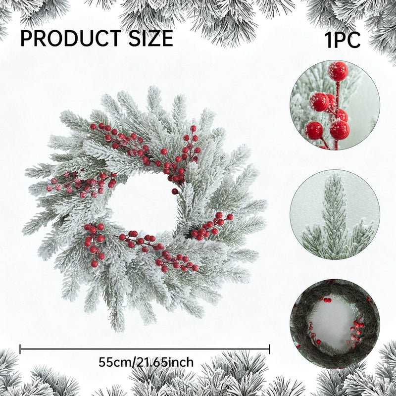 Snow-Dusted Faux Pine & Berry Wreath, 22" Diameter, Real-Touch Evergreen for Holiday Decor, Wedding & Event Styling, Home or Outdoor Use