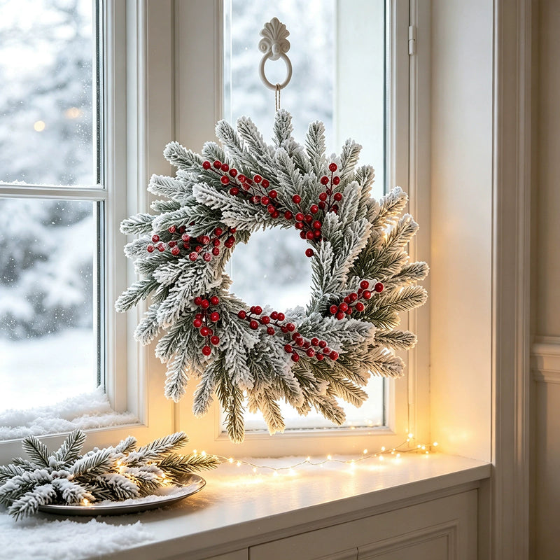 Snow-Dusted Faux Pine & Berry Wreath, 22" Diameter, Real-Touch Evergreen for Holiday Decor, Wedding & Event Styling, Home or Outdoor Use