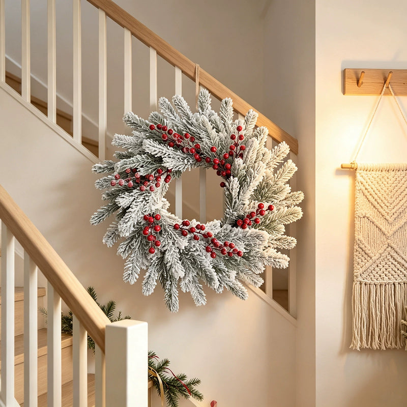 Snow-Dusted Faux Pine & Berry Wreath, 22" Diameter, Real-Touch Evergreen for Holiday Decor, Wedding & Event Styling, Home or Outdoor Use