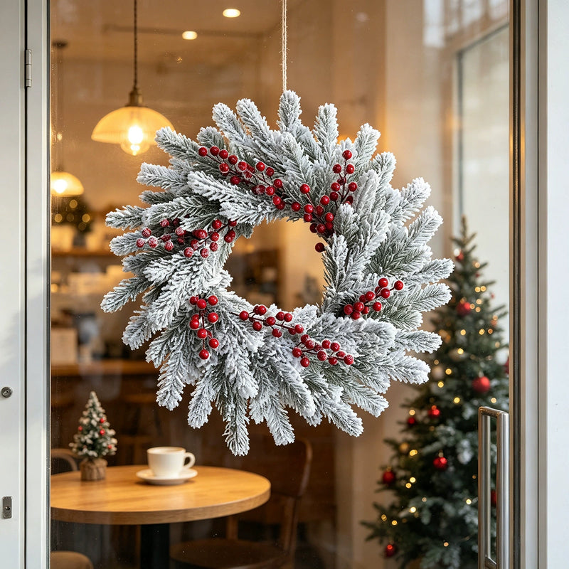 Snow-Dusted Faux Pine & Berry Wreath, 22" Diameter, Real-Touch Evergreen for Holiday Decor, Wedding & Event Styling, Home or Outdoor Use