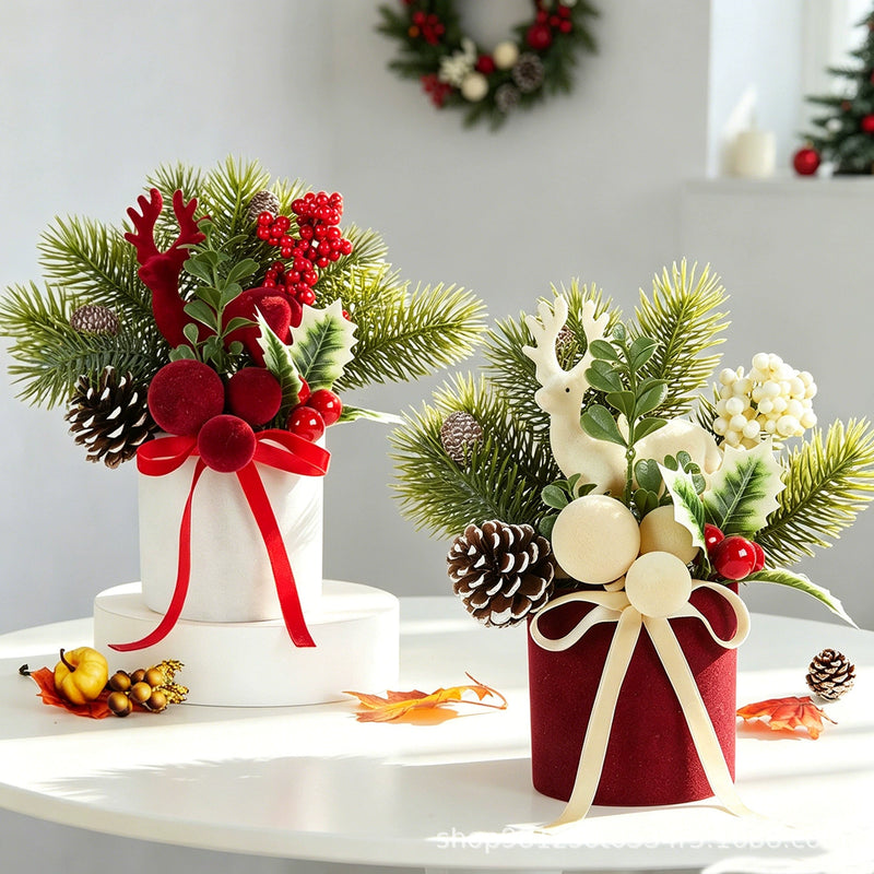Flocked Deer Tabletop Tree with Twine Bow, 9" Height, Real-Touch Christmas Decoration for Home, Wedding, and Holiday Decor