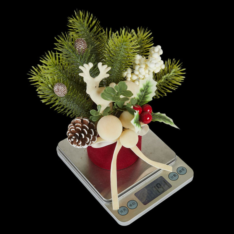 Flocked Deer Tabletop Tree with Twine Bow, 9" Height, Real-Touch Christmas Decoration for Home, Wedding, and Holiday Decor