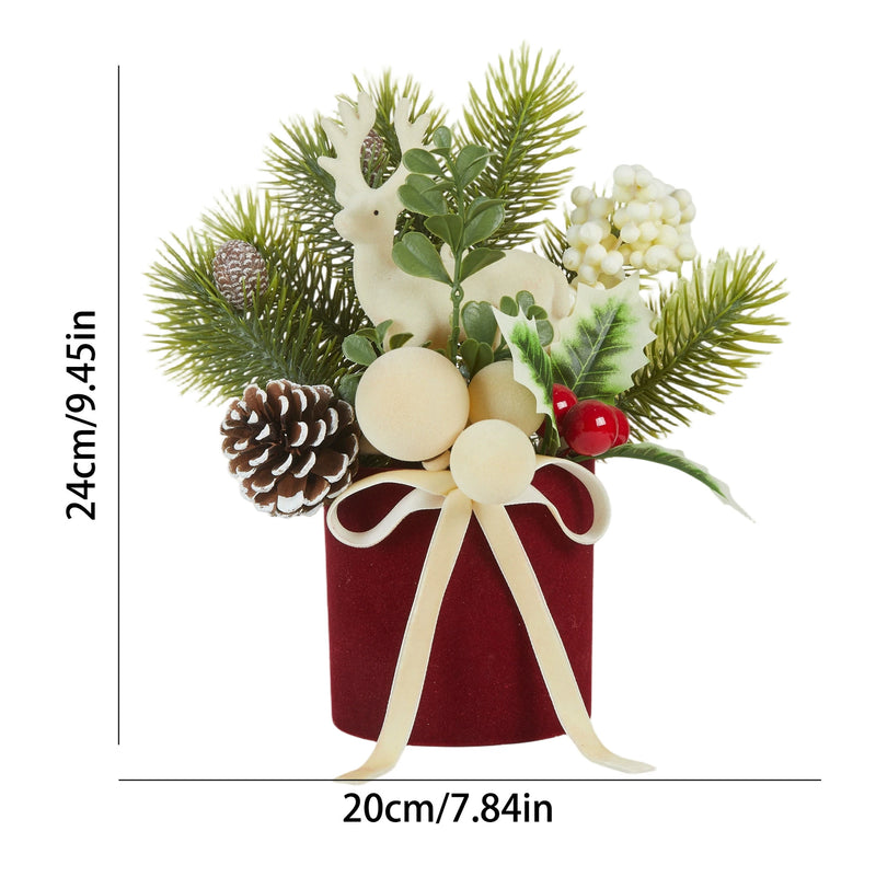 Flocked Deer Tabletop Tree with Twine Bow, 9" Height, Real-Touch Christmas Decoration for Home, Wedding, and Holiday Decor