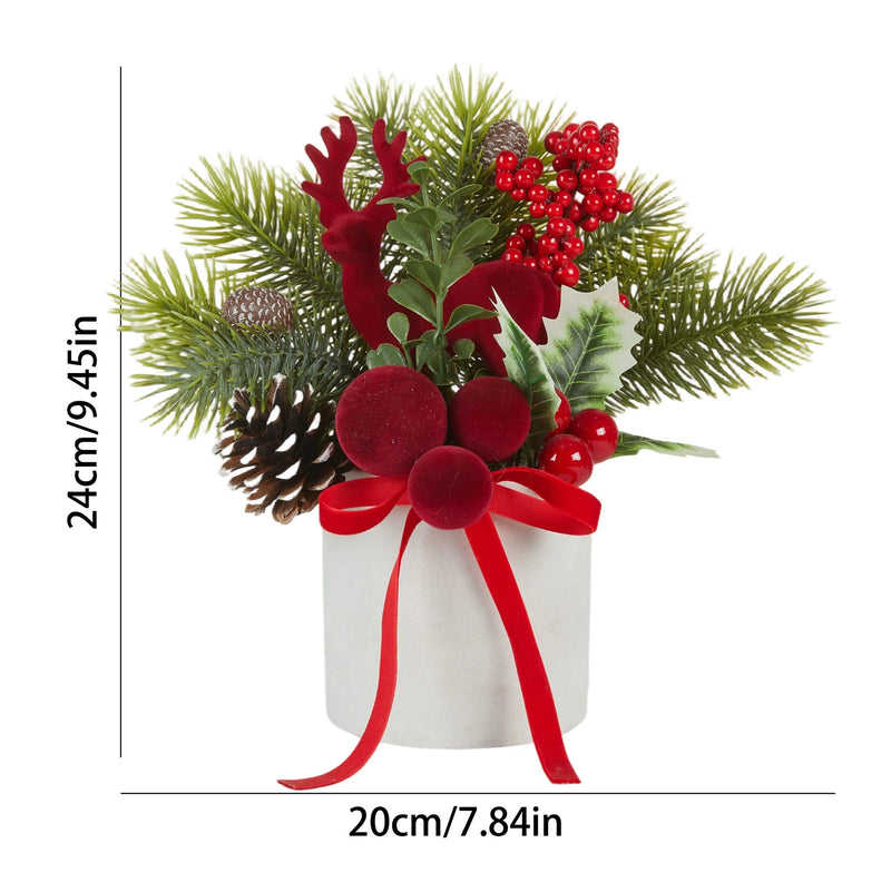 Flocked Deer Tabletop Tree with Twine Bow, 9" Height, Real-Touch Christmas Decoration for Home, Wedding, and Holiday Decor