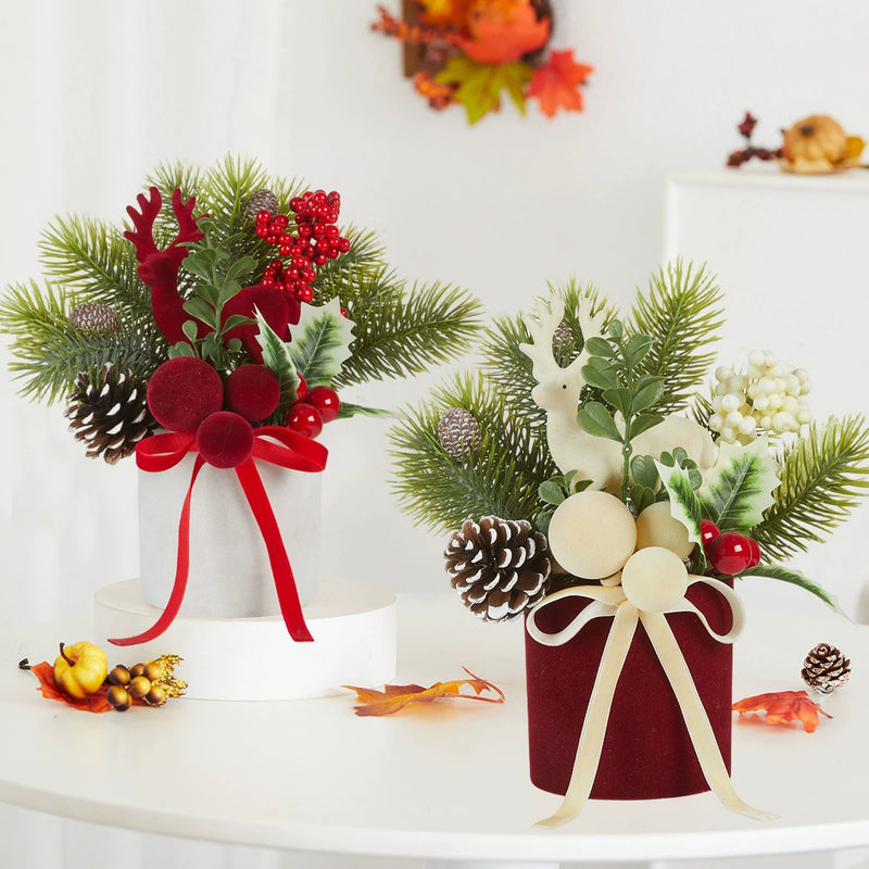 Flocked Deer Tabletop Tree with Twine Bow, 9" Height, Real-Touch Christmas Decoration for Home, Wedding, and Holiday Decor