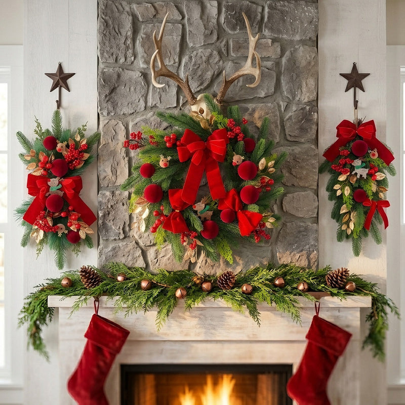 Velvet Red Reindeer Christmas Swag Garland,  Realistic Holiday Decor for Doors, Fireplace, Hotels & Bulk Event Styling