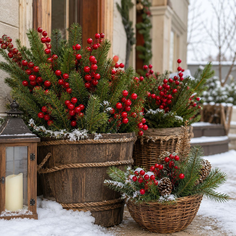 Realistic Artificial Pine Sprigs with Red Berries, 15" Christmas Holiday Decor - Bulk or Single Stems for Home, Wedding, Floral Arrangements