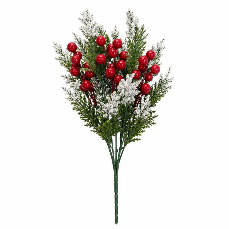 Realistic Artificial Pine Sprigs with Red Berries, 15" Christmas Holiday Decor - Bulk or Single Stems for Home, Wedding, Floral Arrangements