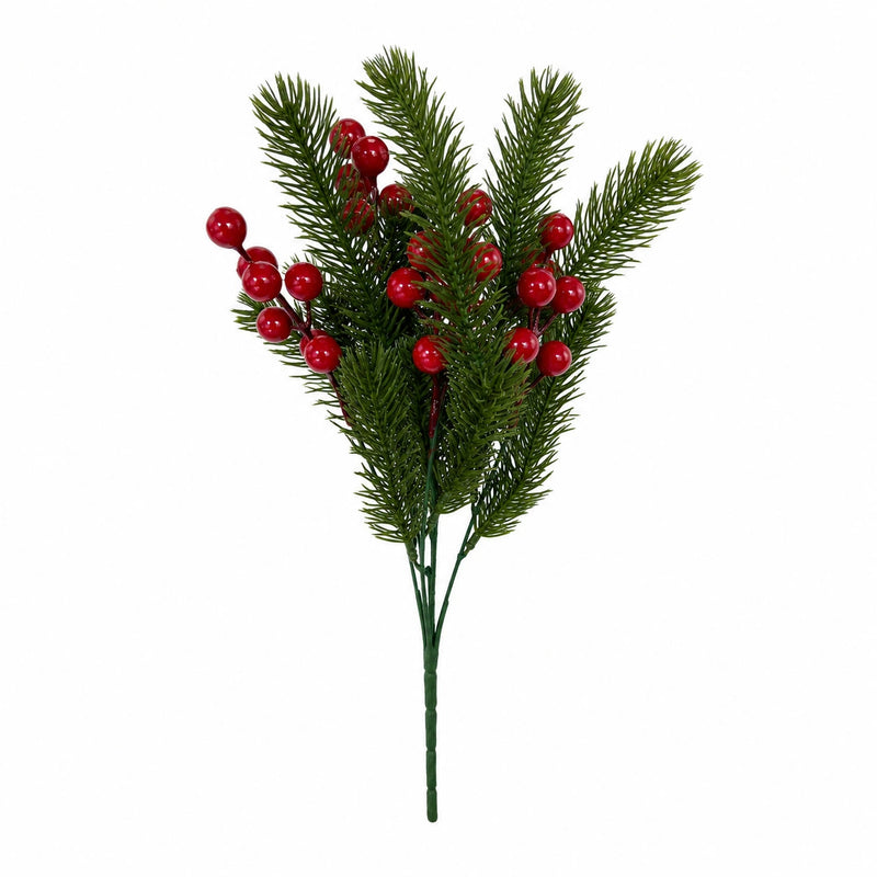 Realistic Artificial Pine Sprigs with Red Berries, 15" Christmas Holiday Decor - Bulk or Single Stems for Home, Wedding, Floral Arrangements