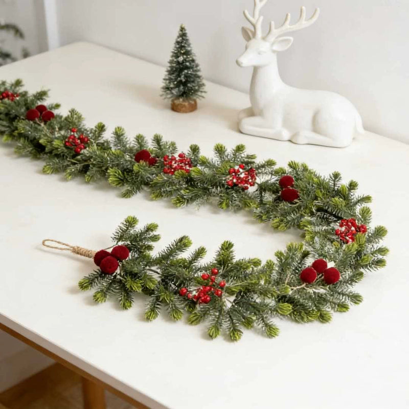 Realistic Christmas Pine Garland with Red Berries & Flocked Cones - 71" Long Artificial Pine Needle Garland for Staircase, Mantel, Door Decor, Holiday & Wedding Decorations