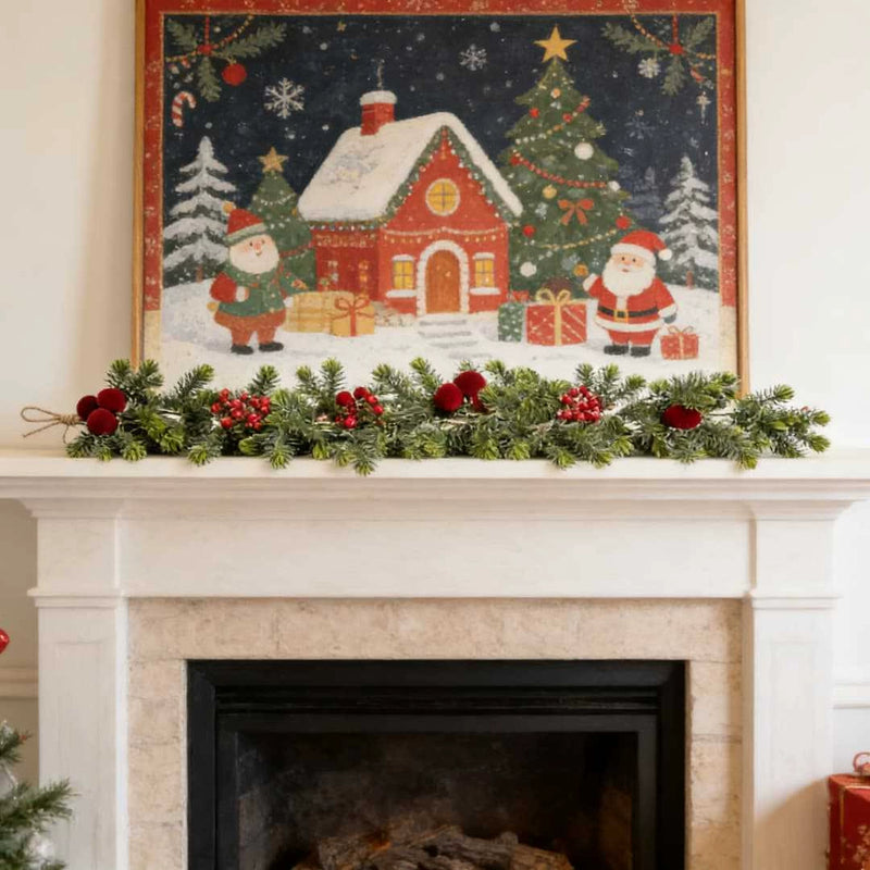 Realistic Christmas Pine Garland with Red Berries & Flocked Cones - 71" Long Artificial Pine Needle Garland for Staircase, Mantel, Door Decor, Holiday & Wedding Decorations