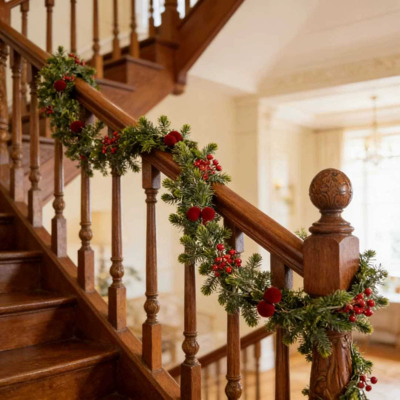 Realistic Christmas Pine Garland with Red Berries & Flocked Cones - 71" Long Artificial Pine Needle Garland for Staircase, Mantel, Door Decor, Holiday & Wedding Decorations