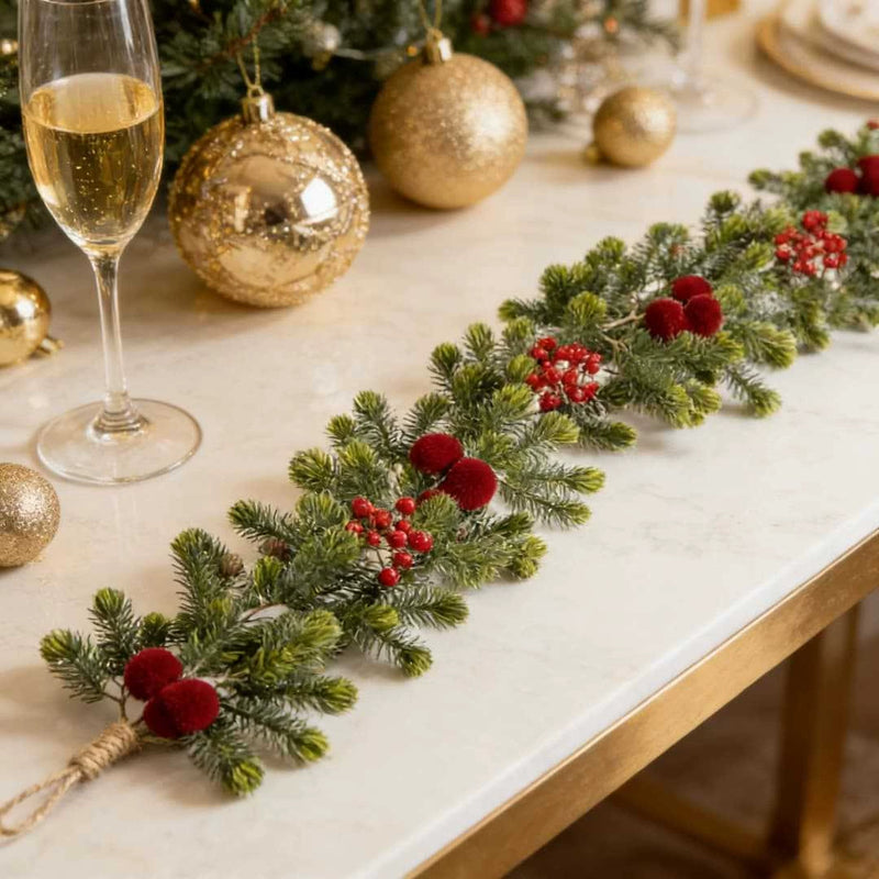 Realistic Christmas Pine Garland with Red Berries & Flocked Cones - 71" Long Artificial Pine Needle Garland for Staircase, Mantel, Door Decor, Holiday & Wedding Decorations