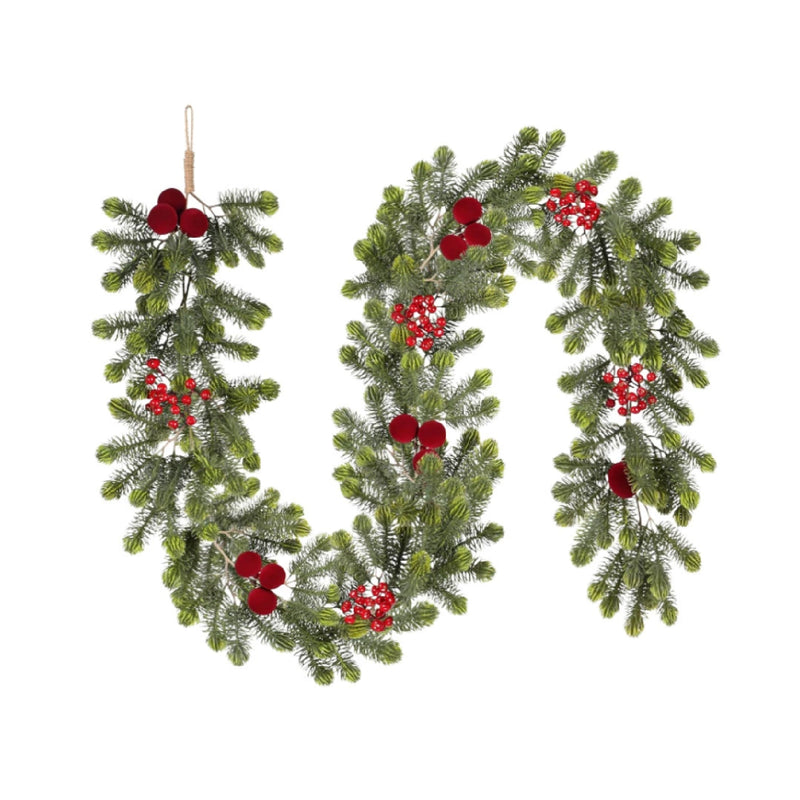 Realistic Christmas Pine Garland with Red Berries & Flocked Cones - 71" Long Artificial Pine Needle Garland for Staircase, Mantel, Door Decor, Holiday & Wedding Decorations