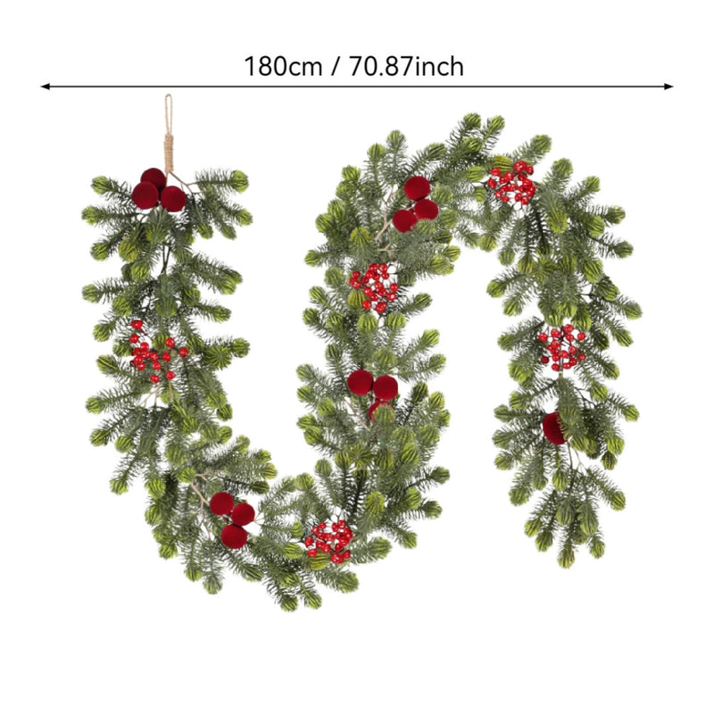 Realistic Christmas Pine Garland with Red Berries & Flocked Cones - 71" Long Artificial Pine Needle Garland for Staircase, Mantel, Door Decor, Holiday & Wedding Decorations