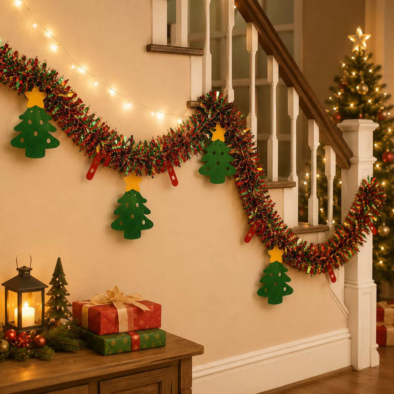 2m (6.5ft) Christmas Garland with Lights, Felt Trees & Pom Poms - Holiday Decor for Home, Parties, Store Displays