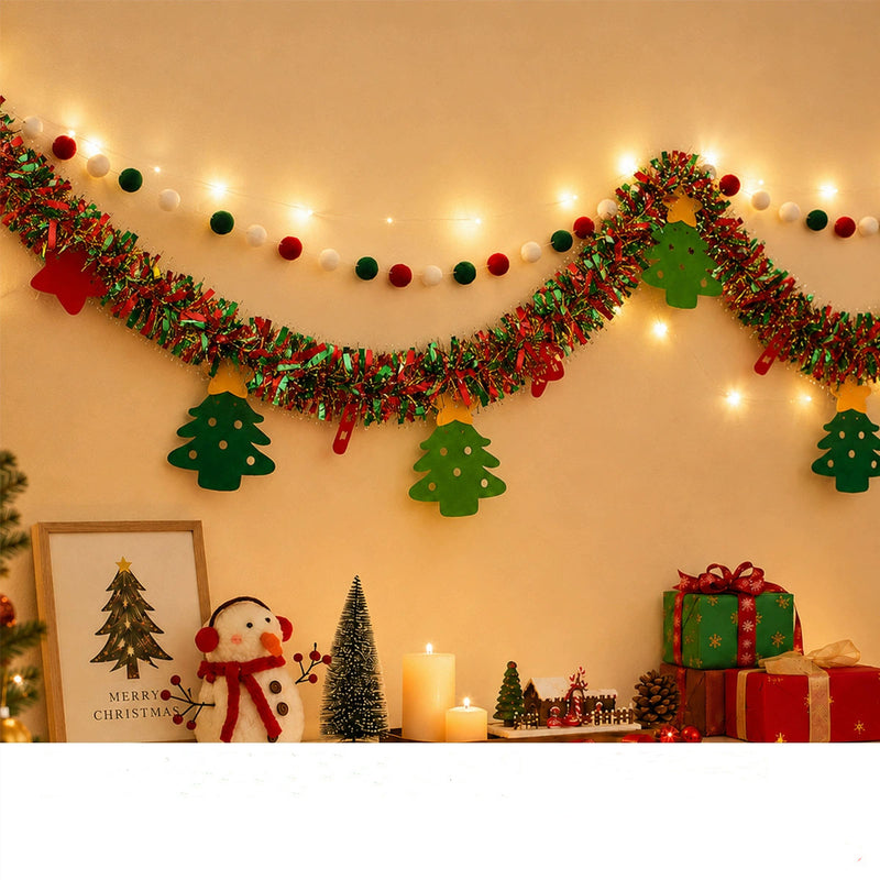 2m (6.5ft) Christmas Garland with Lights, Felt Trees & Pom Poms - Holiday Decor for Home, Parties, Store Displays