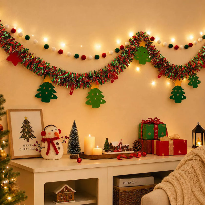 2m (6.5ft) Christmas Garland with Lights, Felt Trees & Pom Poms - Holiday Decor for Home, Parties, Store Displays