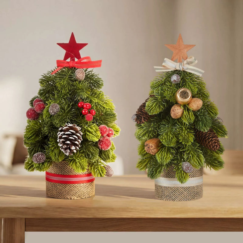 12" Realistic Pinecone & Berry Christmas Tree Decor with Burlap Base,  - Holiday Tabletop Centerpiece, Wedding & Event Decor