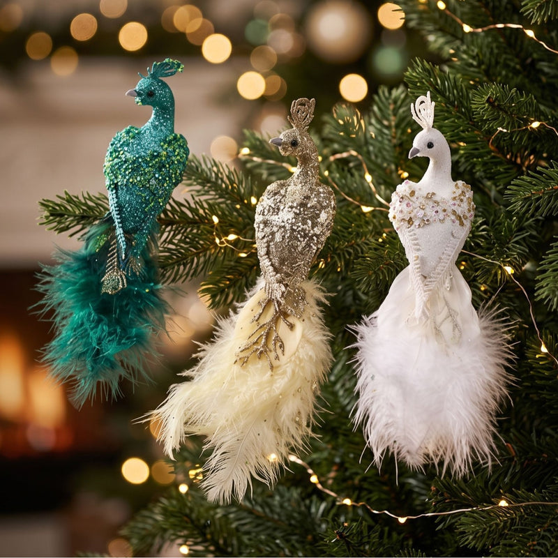 Realistic Peacock Decor, 9" Long Foam Peacock Ornament, Christmas Tree Decor, Wedding Centerpiece, Home Accent