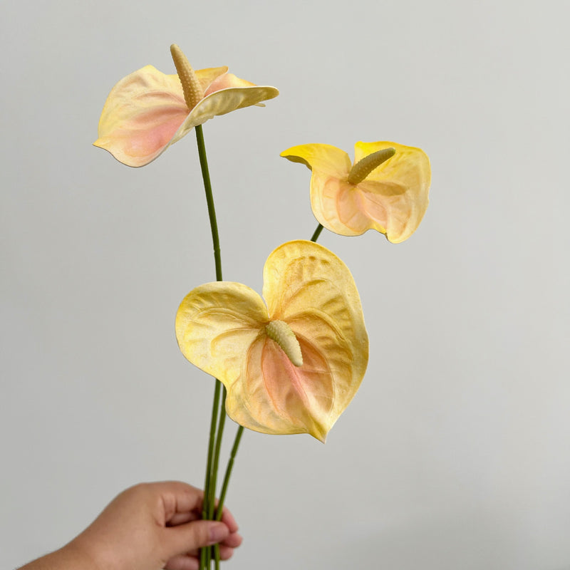 Realistic Mini Pink/Green Anthurium Stem, 19" PU Faux Flower for Vase Arrangements, Wedding Decor, Home Styling
