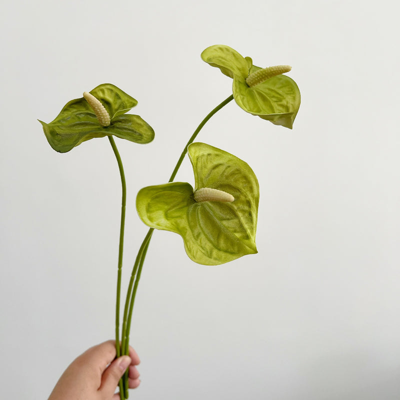 Realistic Mini Pink/Green Anthurium Stem, 19" PU Faux Flower for Vase Arrangements, Wedding Decor, Home Styling