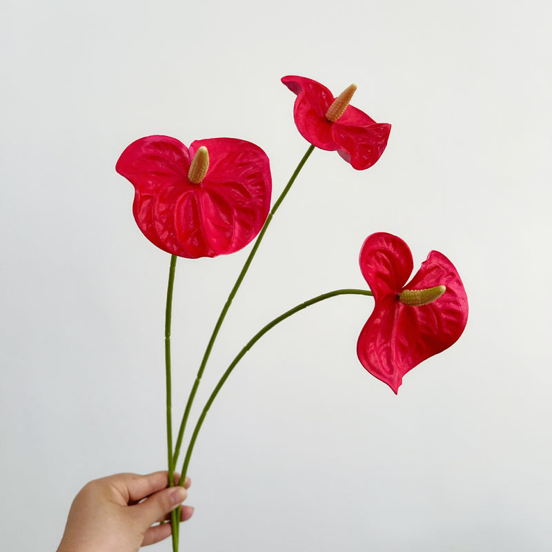 Realistic Mini Pink/Green Anthurium Stem, 19" PU Faux Flower for Vase Arrangements, Wedding Decor, Home Styling