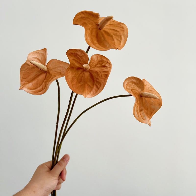 Realistic Mini Pink/Green Anthurium Stem, 19" PU Faux Flower for Vase Arrangements, Wedding Decor, Home Styling
