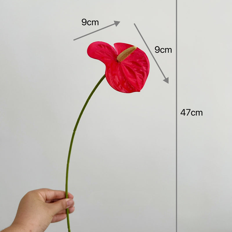 Realistic Mini Pink/Green Anthurium Stem, 19" PU Faux Flower for Vase Arrangements, Wedding Decor, Home Styling