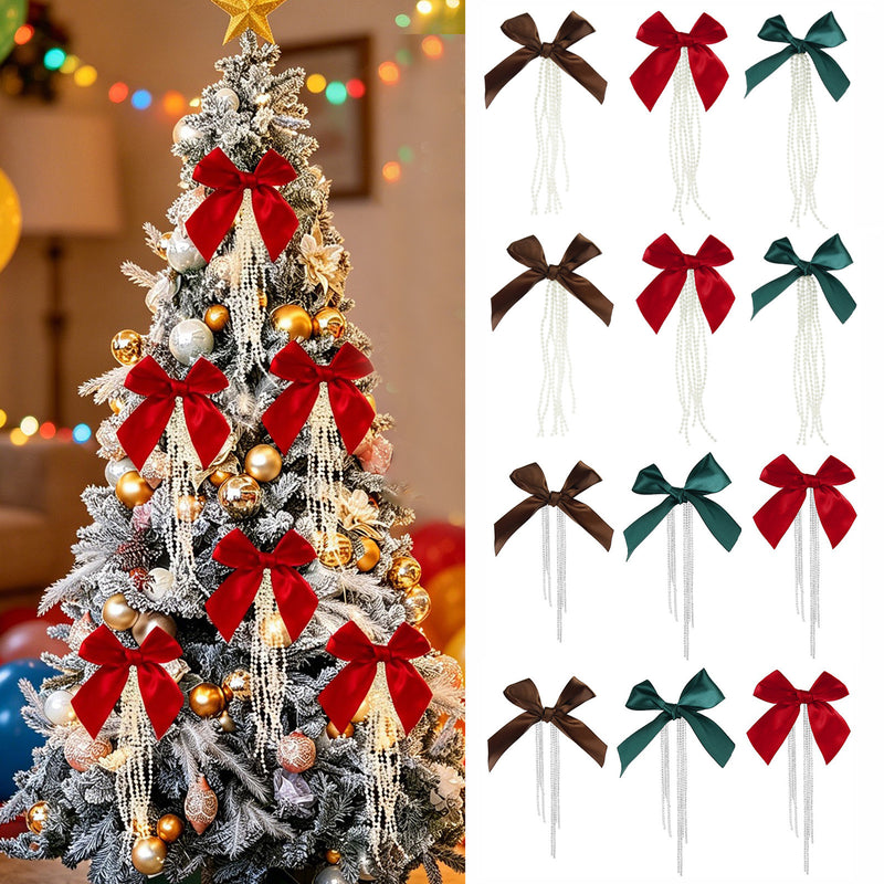 Christmas Tree Pearl & Rhinestone Bow Ornament, 10" Festive Party Decoration for Home Decor, Weddings & Events