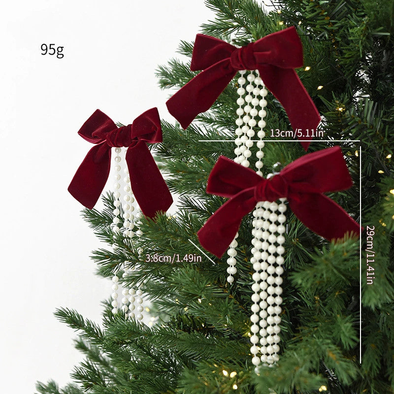 Pearl Bow Christmas Ornaments Set of 3 - Large, Medium & Small Sizes in Burgundy, Deep Green & Cream - Elegant Tree Decor, Window Display, Holiday Party Styling
