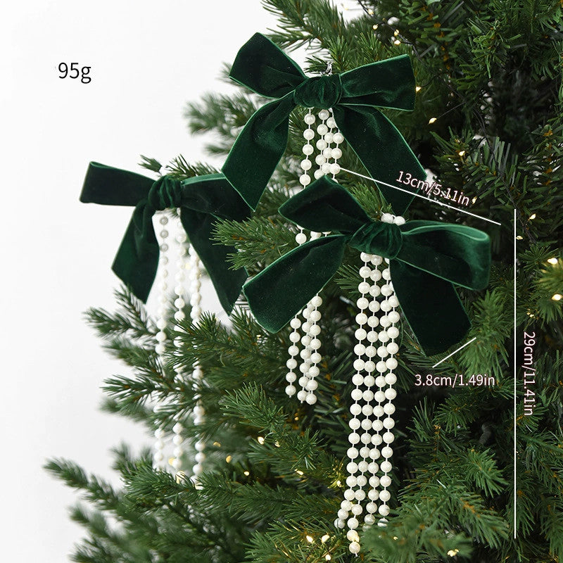 Pearl Bow Christmas Ornaments Set of 3 - Large, Medium & Small Sizes in Burgundy, Deep Green & Cream - Elegant Tree Decor, Window Display, Holiday Party Styling