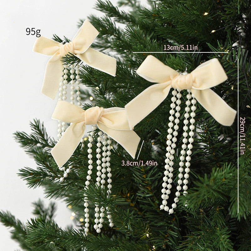 Pearl Bow Christmas Ornaments Set of 3 - Large, Medium & Small Sizes in Burgundy, Deep Green & Cream - Elegant Tree Decor, Window Display, Holiday Party Styling