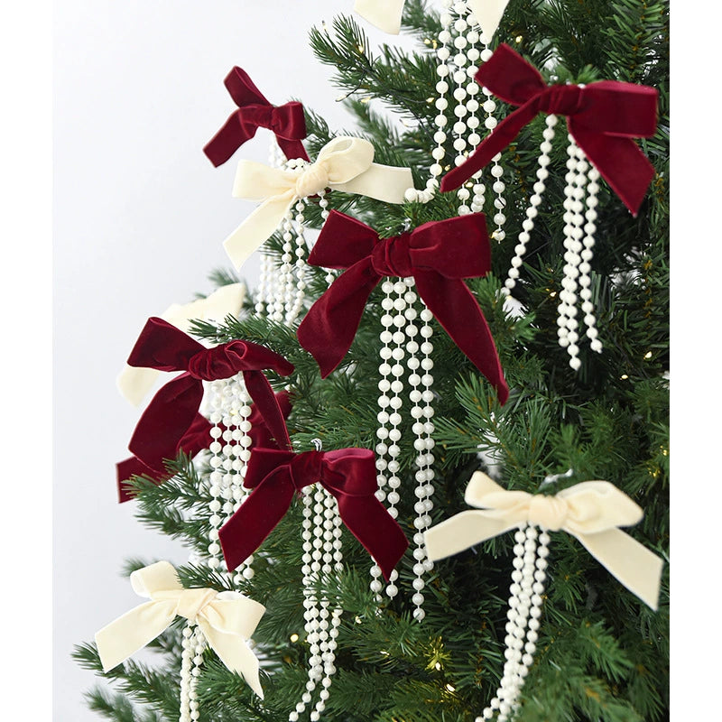 Pearl Bow Christmas Ornaments Set of 3 - Large, Medium & Small Sizes in Burgundy, Deep Green & Cream - Elegant Tree Decor, Window Display, Holiday Party Styling